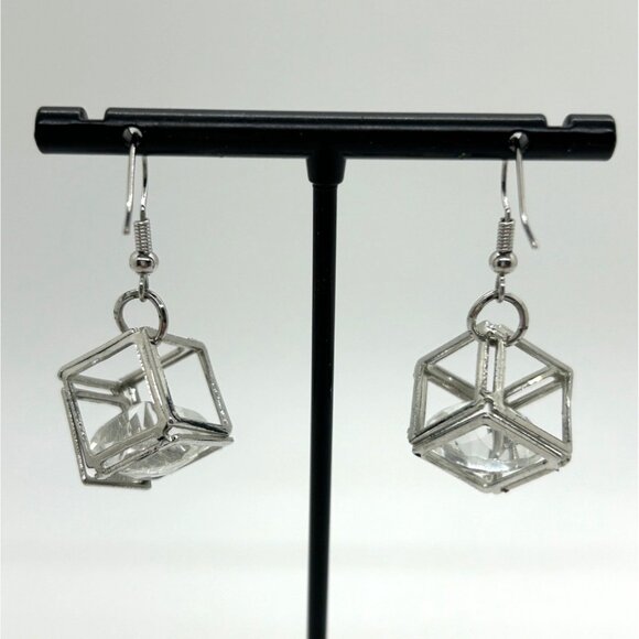 Silver-Tone Box Earrings Clear Rivoli Dangles Pierced Hooks Geometric - Picture 6 of 12